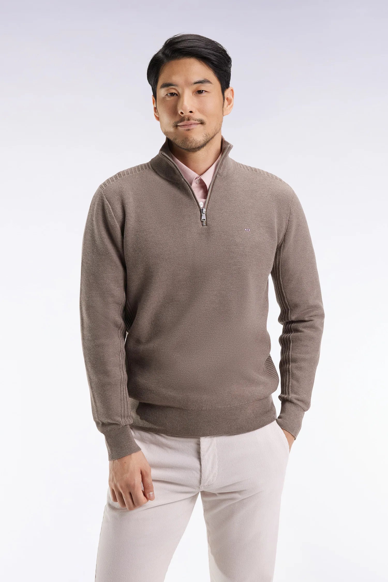 Eden Park_Beige_Brown Honeycomb Cotton Trucker Collar Sweater_H25MAIPU0017_MAC3_01
