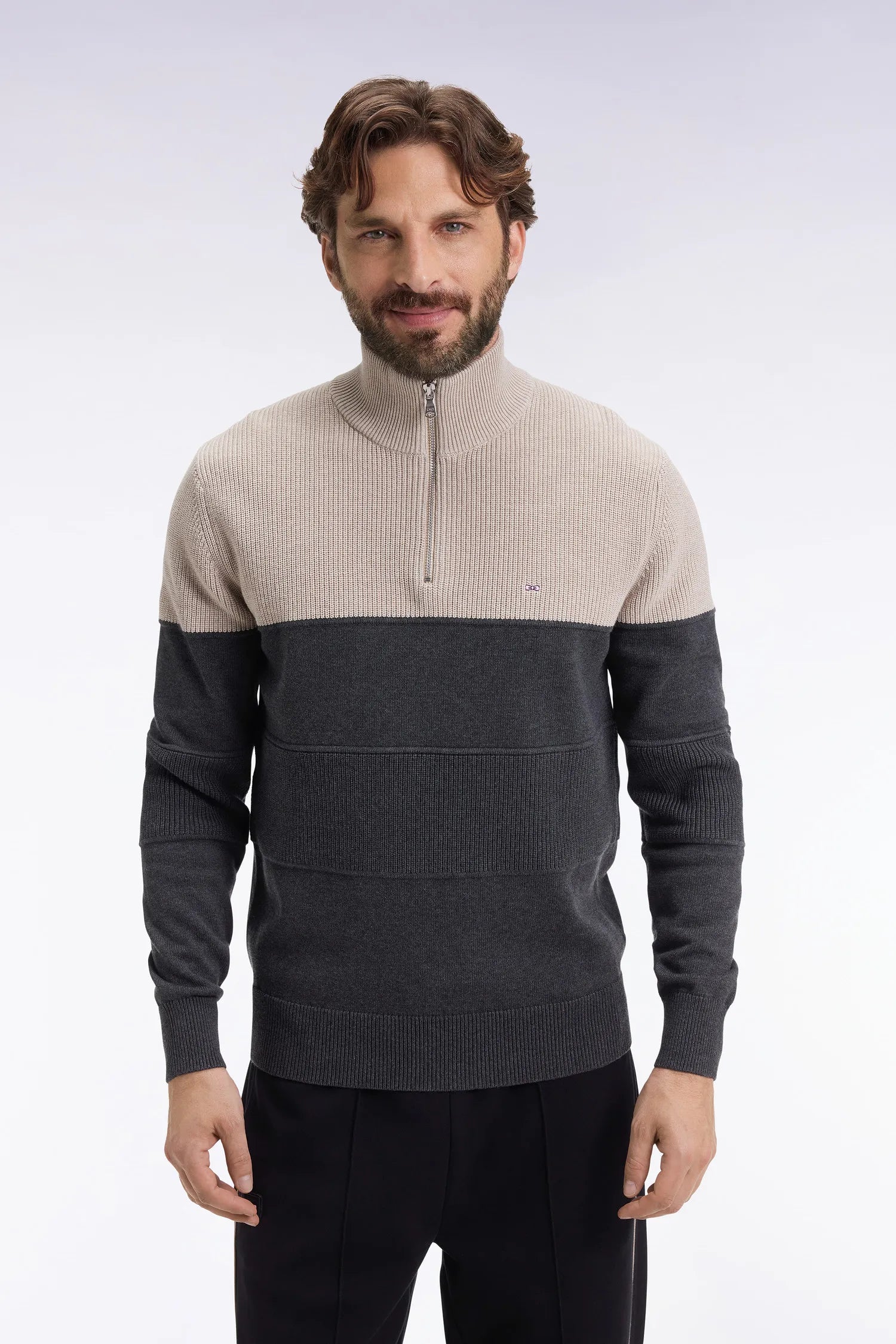 Eden Park_Grey_Grey Cotton Trucker Collar Sweater with Stripe Effect_H25MAIPU0040_GRF11_01