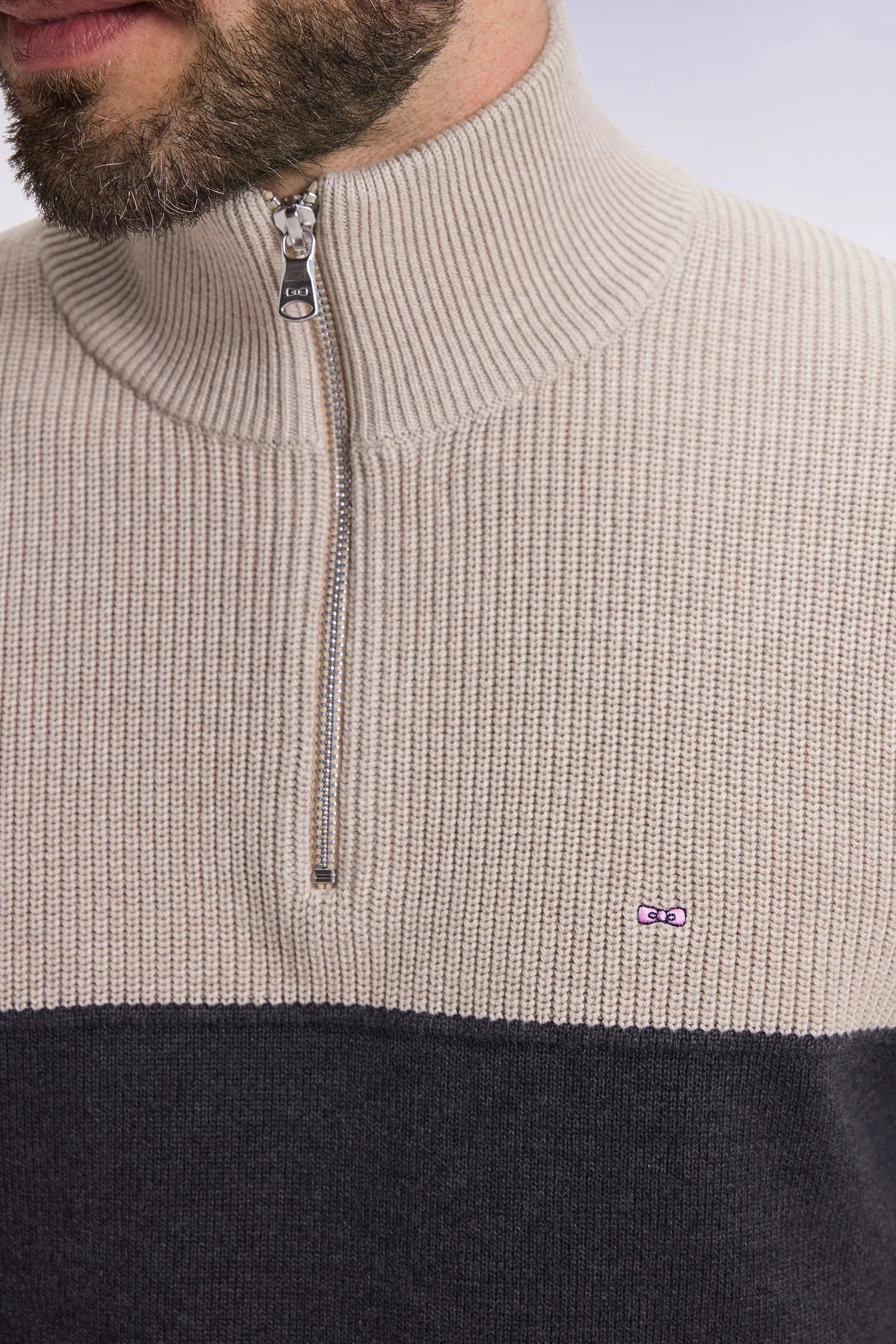 Eden Park_Grey_Grey Cotton Trucker Collar Sweater with Stripe Effect_H25MAIPU0040_GRF11_04