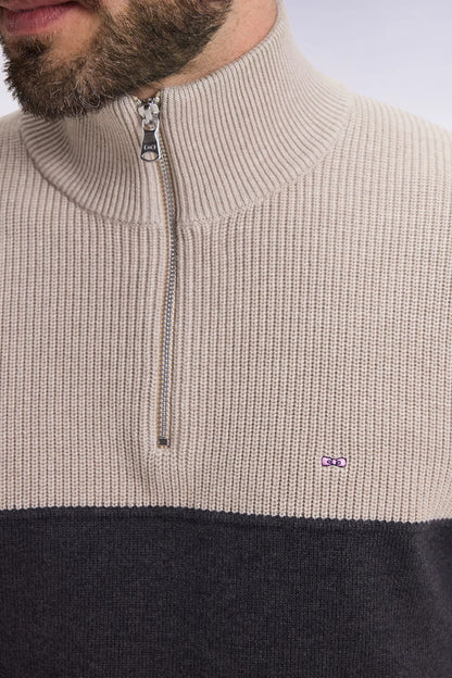 Eden Park_Grey_Grey Cotton Trucker Collar Sweater with Stripe Effect_H25MAIPU0040_GRF11_04