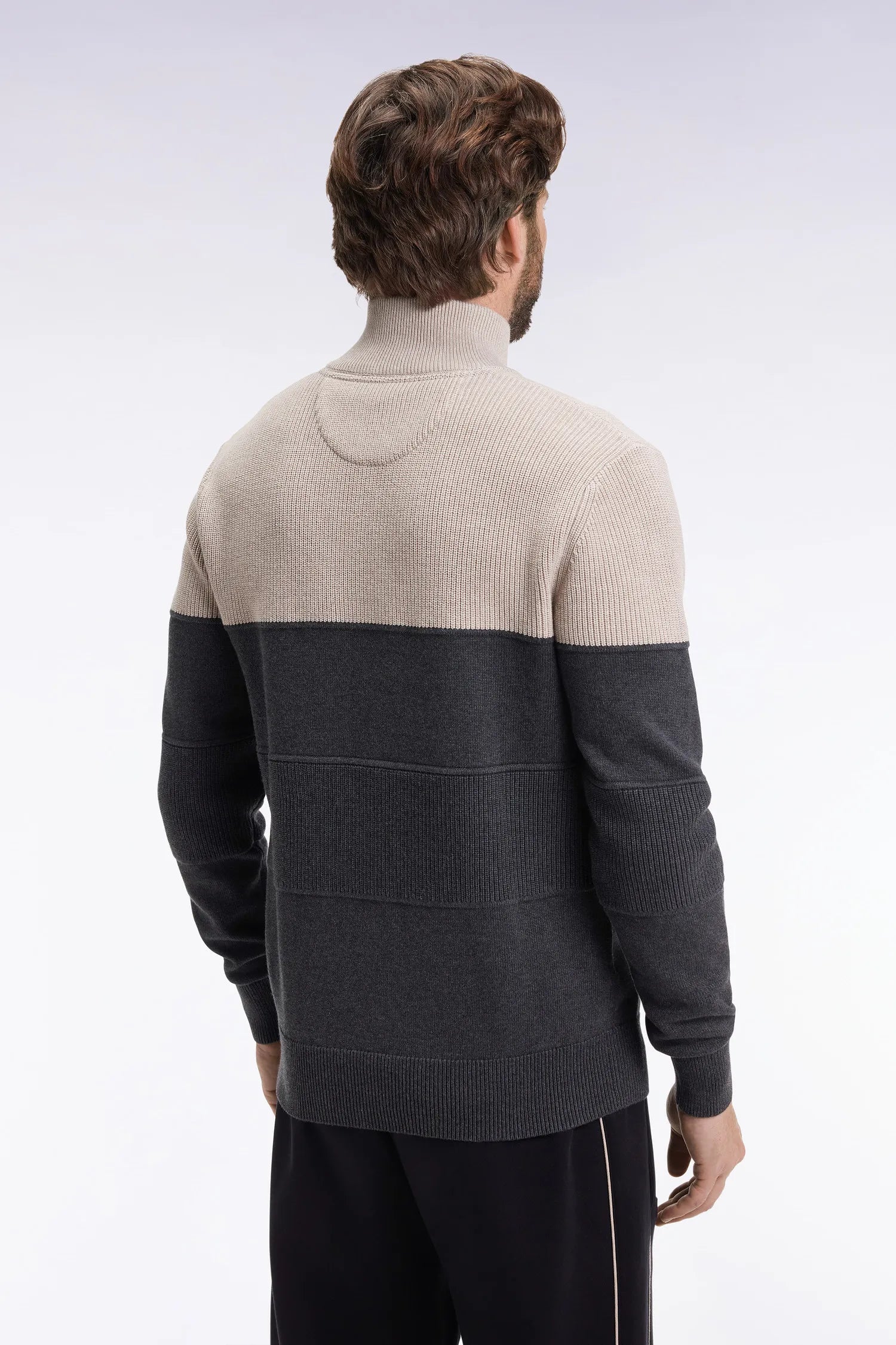 Eden Park_Grey_Grey Cotton Trucker Collar Sweater with Stripe Effect_H25MAIPU0040_GRF11_05