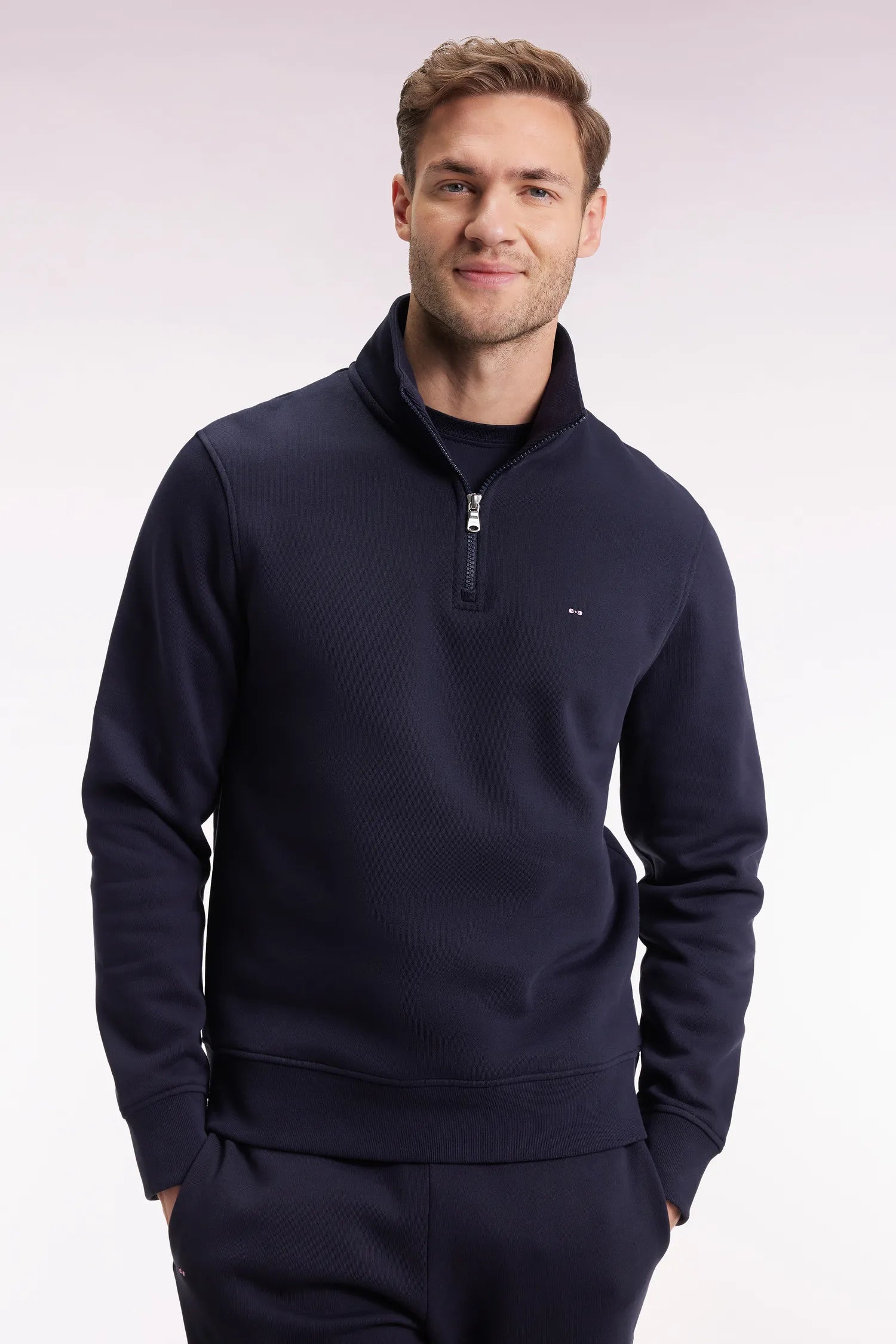 Eden Park_0_Navy Cotton Fleece Sweatshirt with Zip-Up Stand-Up Collar_H25MAISW0016_BLF_01