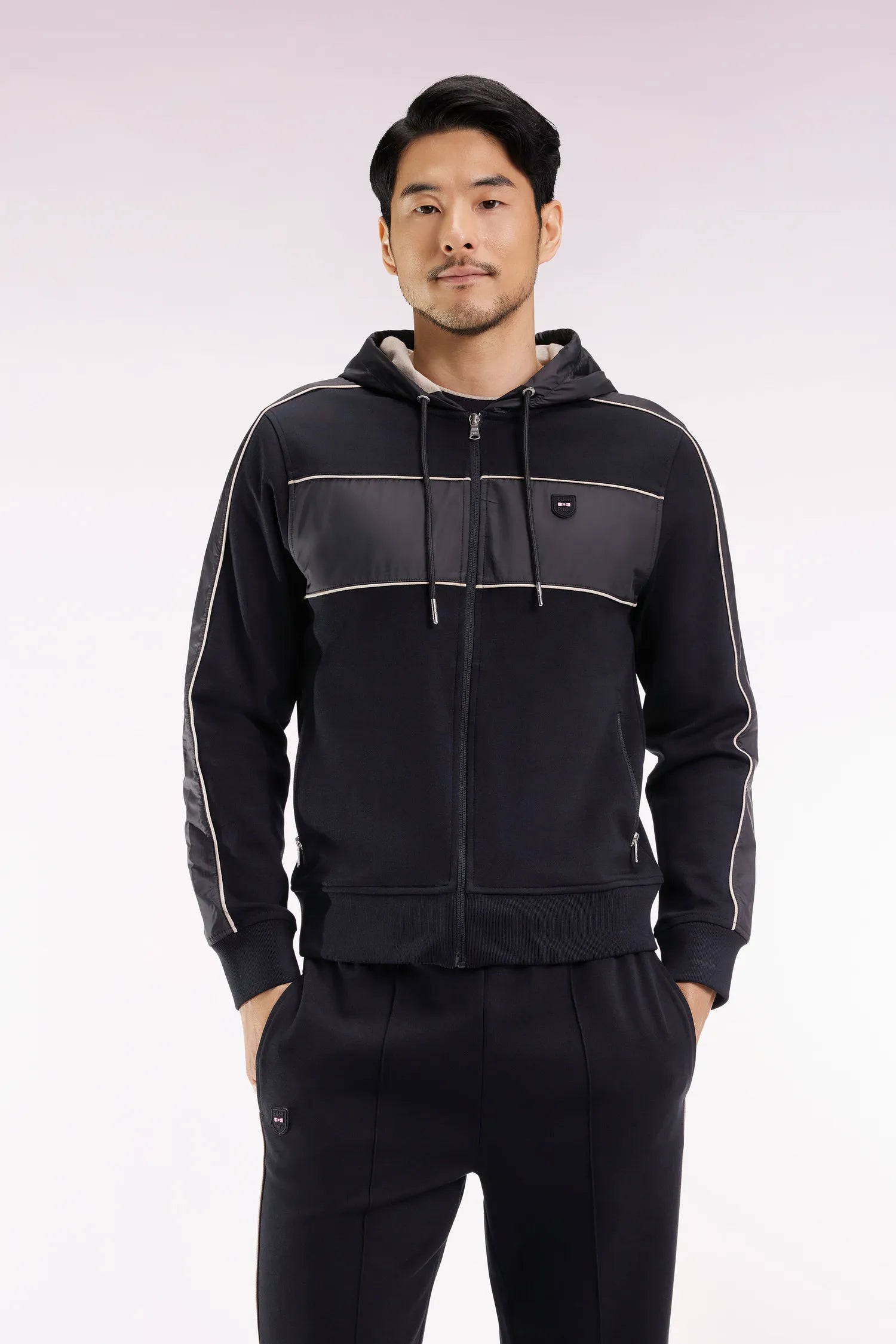 Eden Park_Multi-Color_Black and Beige Fleece and Nylon Zip-Up Hooded Sweatshirt_H25MAISW0038_NO_01