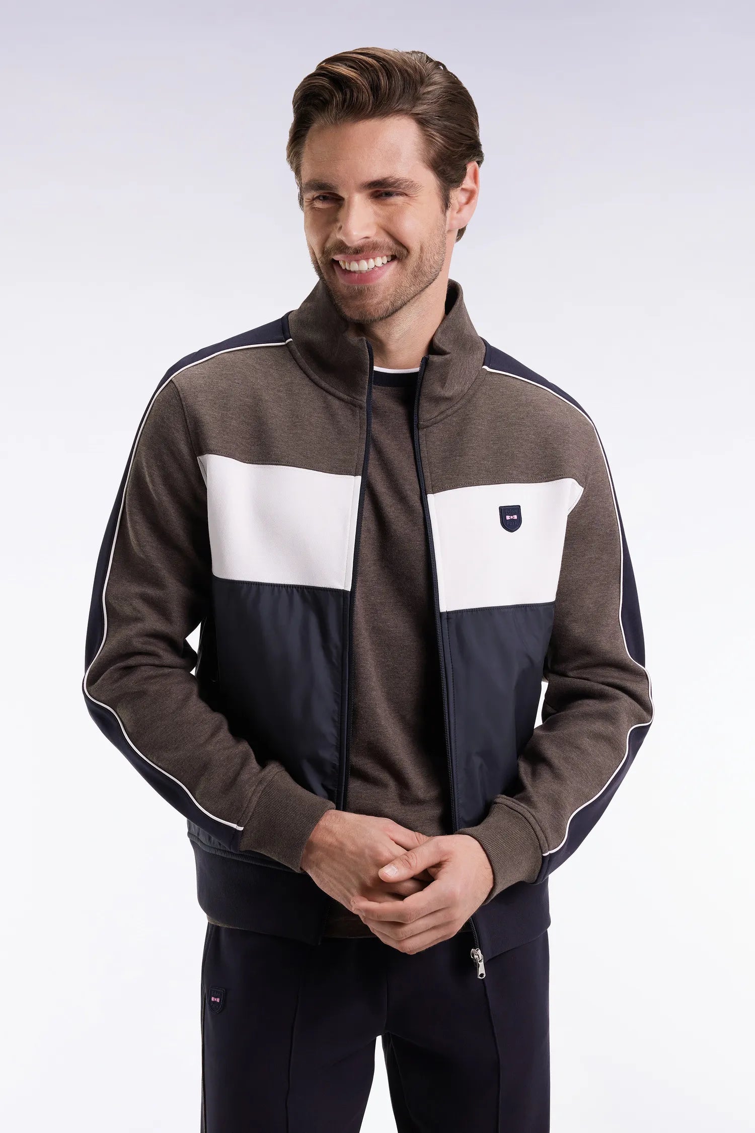 Eden Park_0_Two-Material Zip-Up Sweatshirt in Brown Quilted Nylon_H25MAISW0045_MAM20_01