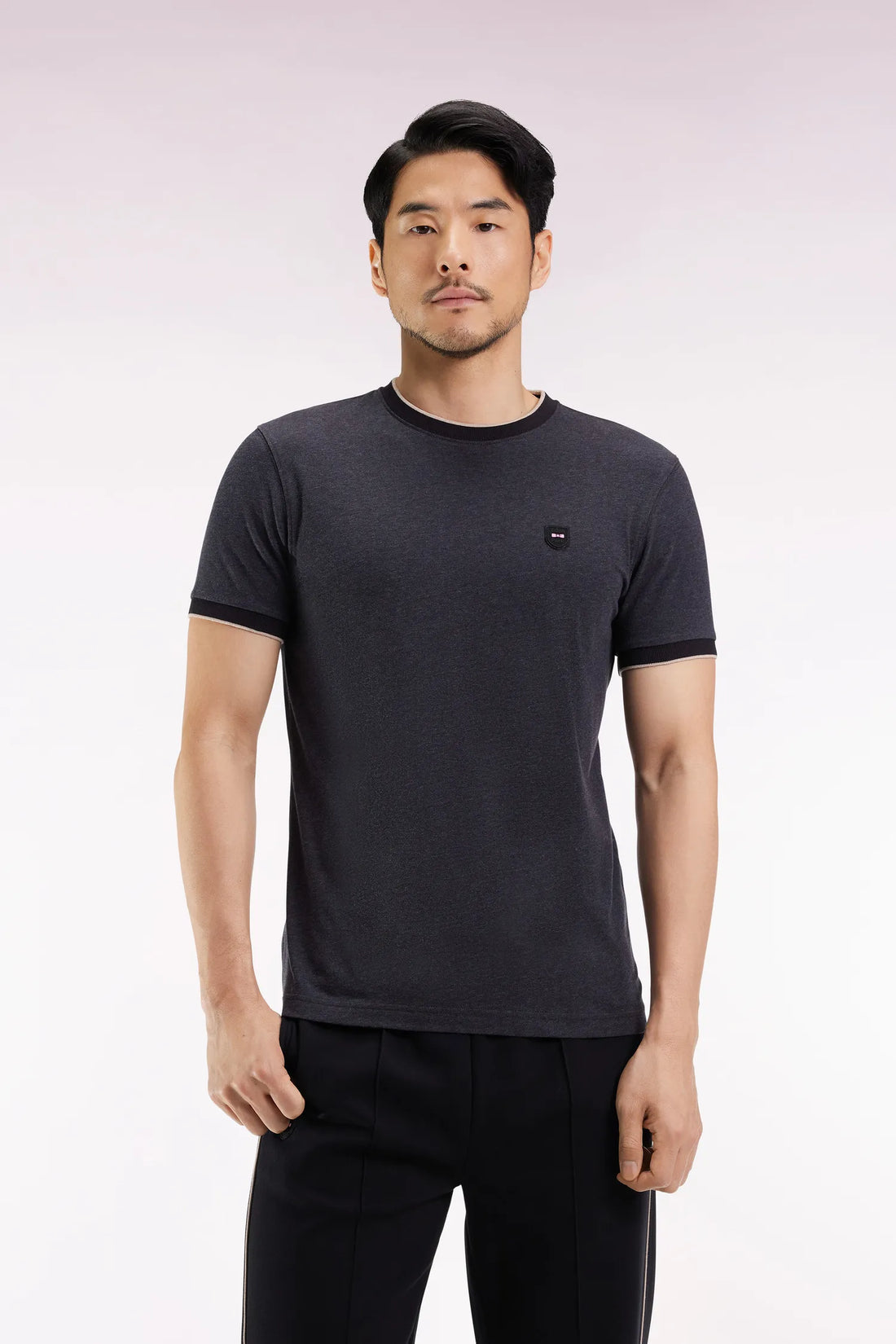 Eden Park_0_Short-Sleeved T-Shirt in Charcoal Grey Stretch Cotton with a Slim Fit_H25MAITC0029_GRF11_01