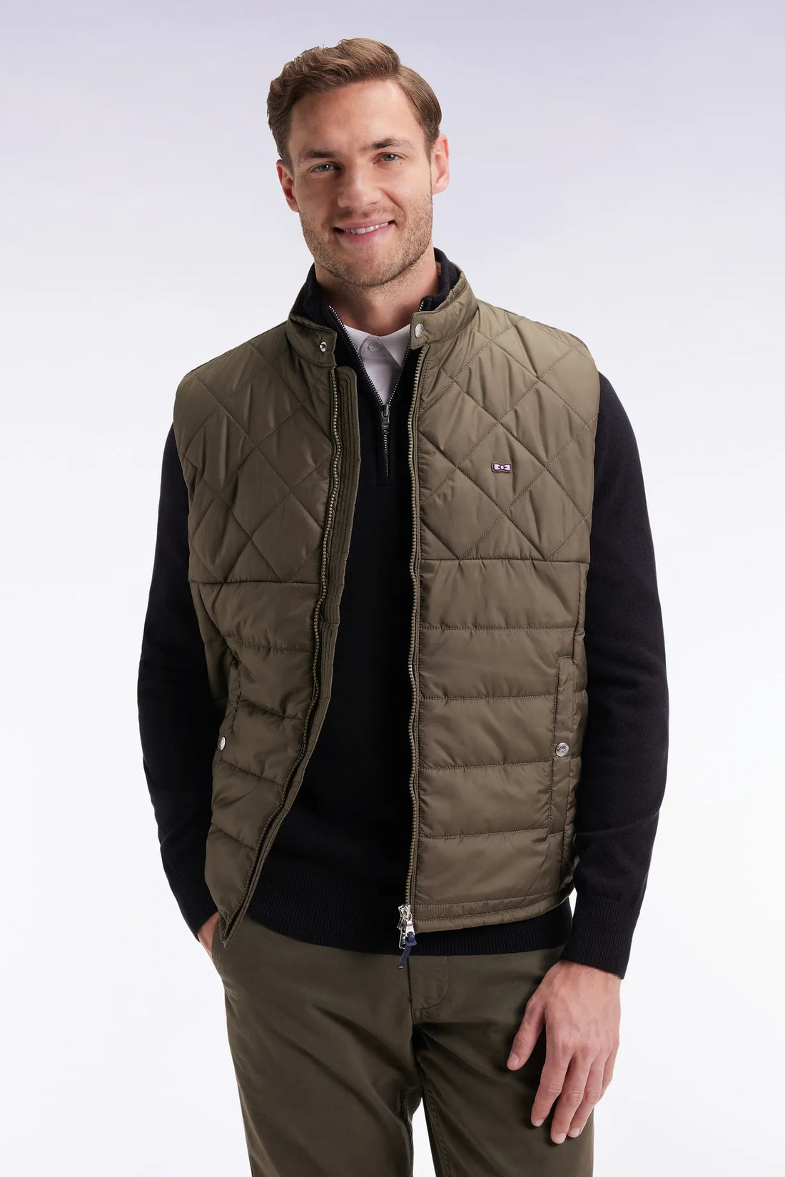 Eden Park_0_Khaki Quilted Nylon Sleeveless Down Jacket with Biker Collar_H25PAMDS0003_KAF7_01