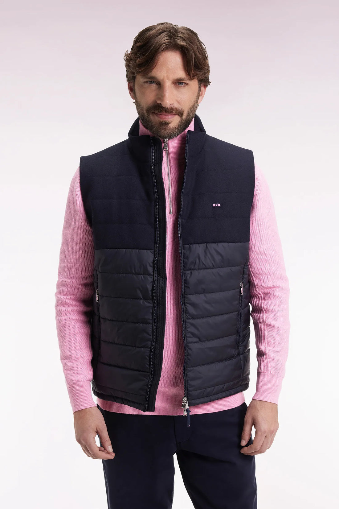 Eden Park_0_Sleeveless Double-Material Down Jacket in Nylon and Navy Flannel_H25PAMDS0004_BLF_01