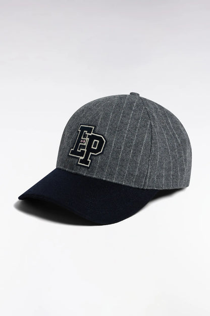 Eden Park  Men Bi-Material Cap in Grey Striped Wool Cloth with EP Patch SKU: H26CHACA0008_GRM19 Image 01