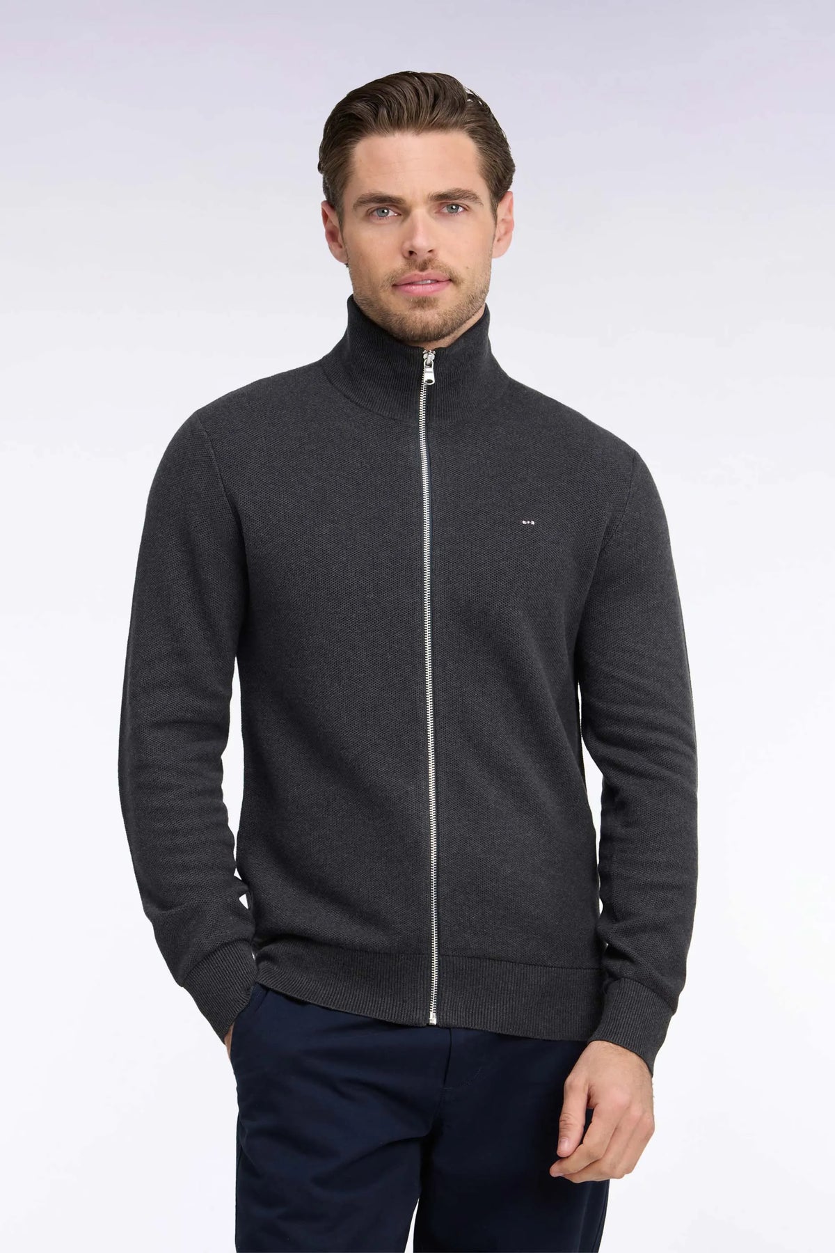 Eden Park 0 Men Zipped Cardigan in Anthracite Grey Cotton Straight Cut SKU: H26MAICA0002_GRF7 Image 01