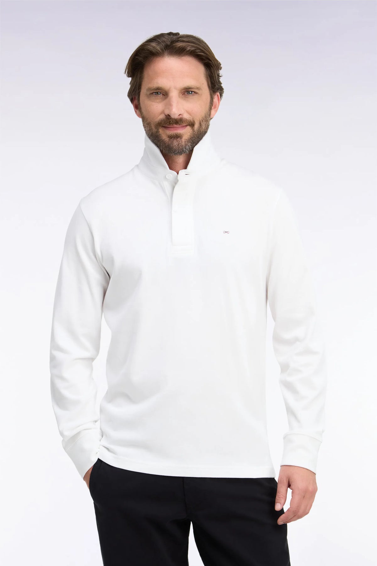Eden Park 0 Men Long Sleeve Jersey in White Pima Cotton Straight Cut SKU: H26MAIML0002_BC Image 01