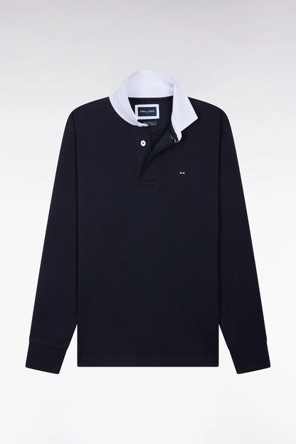 Eden Park 0 Men Straight-Cut Navy Pima Cotton Long-Sleeved Jersey with White Collar SKU: H26MAIML0002_BLF Image 02
