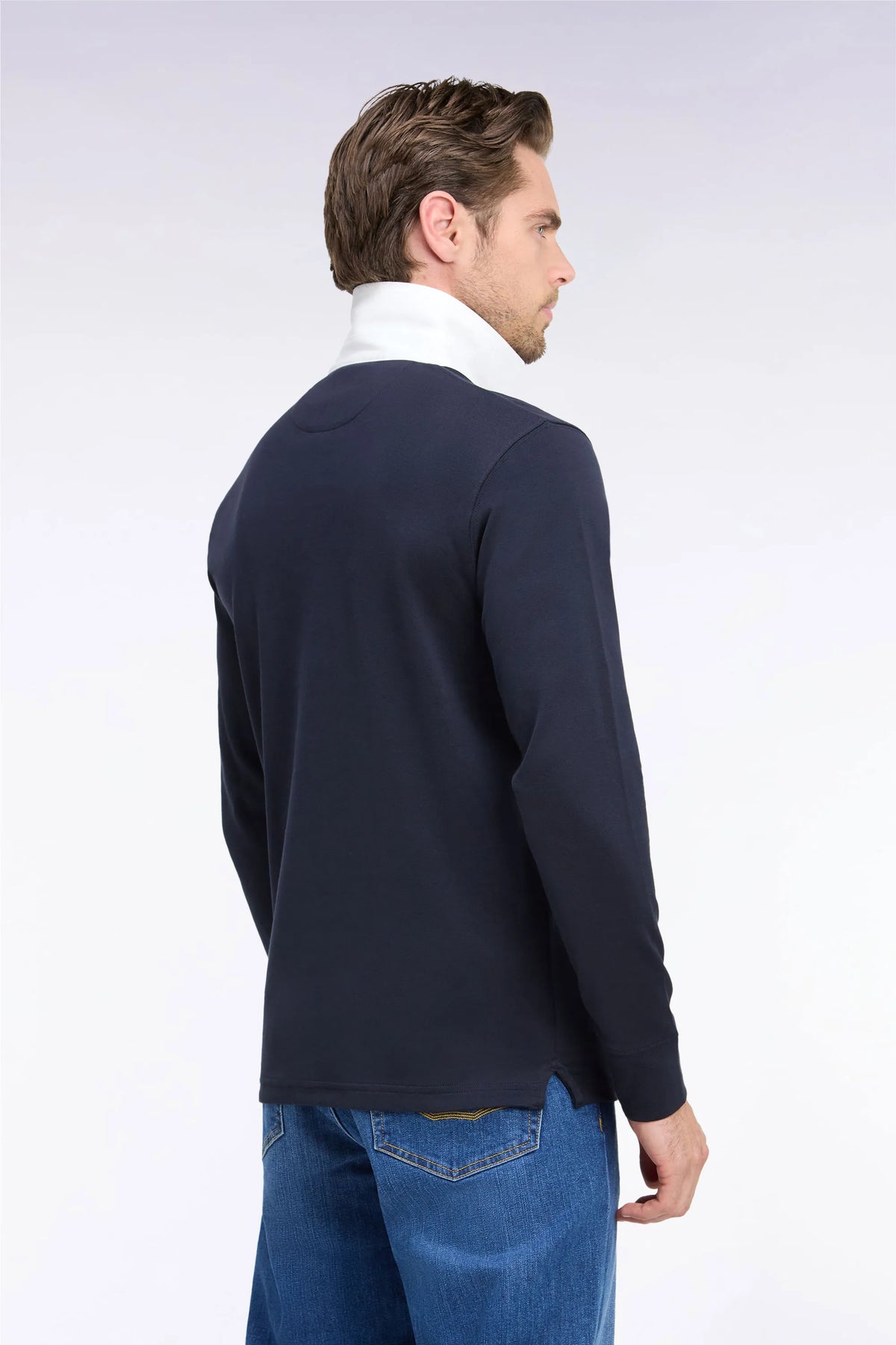 Eden Park 0 Men Straight-Cut Navy Pima Cotton Long-Sleeved Jersey with White Collar SKU: H26MAIML0002_BLF Image 04