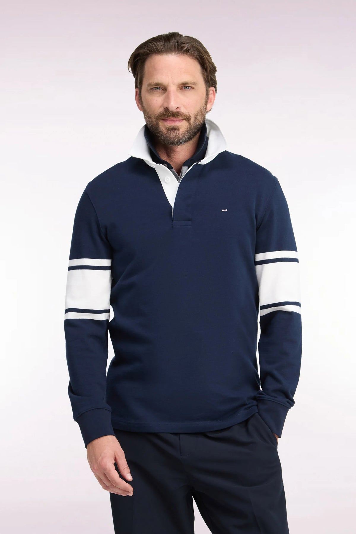 Eden Park  Men Navy Long-Sleeved Jersey with Contrasting White Details SKU: H26MAIML0020_BLF Image 01