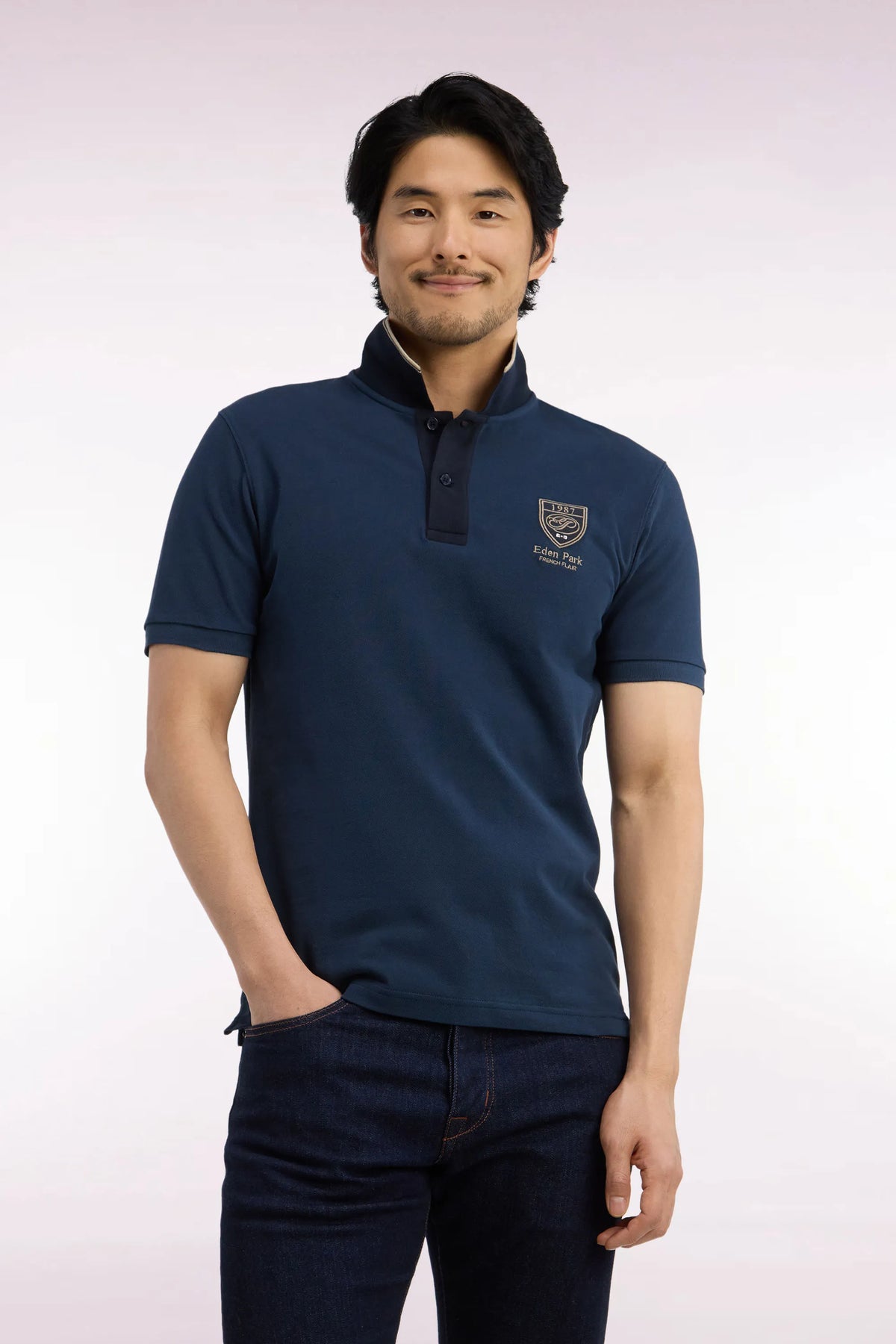 Eden Park  Men Short-Sleeved Polo Shirt in Blue Grey Cotton PiquŽ with Straight-Cut Patch SKU: H26MAIPC0037_GRF13 Image 01