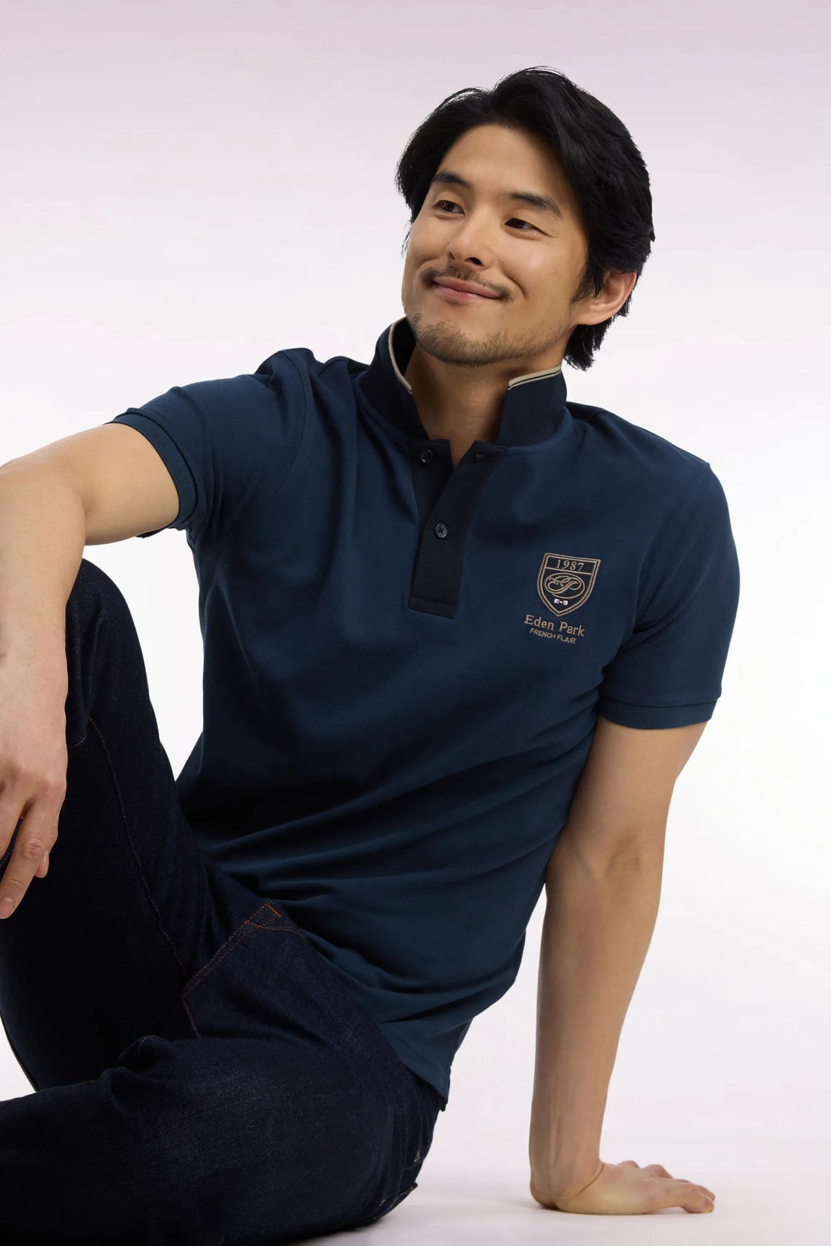 Eden Park  Men Short-Sleeved Polo Shirt in Blue Grey Cotton PiquŽ with Straight-Cut Patch SKU: H26MAIPC0037_GRF13 Image 03