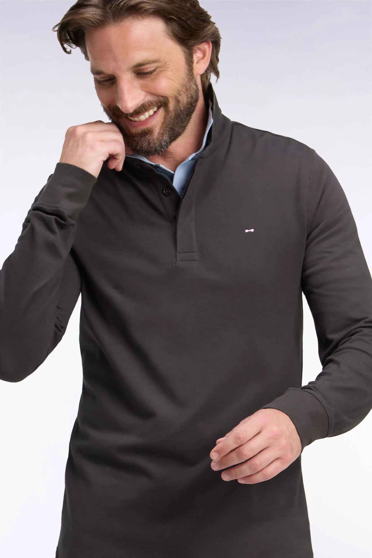 Eden Park  Men Slim-Fit Brown Stretch Cotton Long-Sleeved Polo Shirt SKU: H26MAIPL0005_MAF1 Image 03