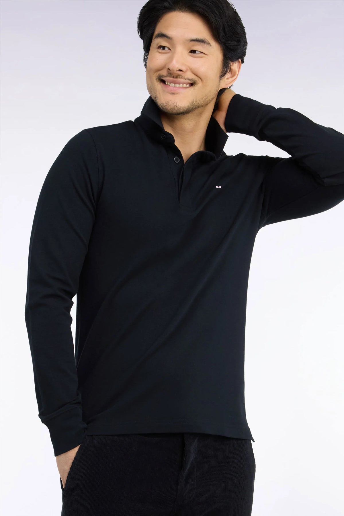 Eden Park  Men Long-Sleeved Polo Shirt in Black Stretch Cotton with Slim Fit SKU: H26MAIPL0005_NO Image 03