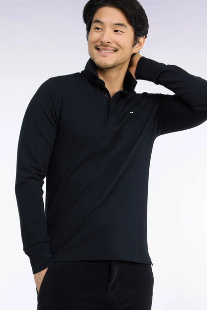 Eden Park  Men Long-Sleeved Polo Shirt in Black Stretch Cotton with Slim Fit SKU: H26MAIPL0005_NO Image 03