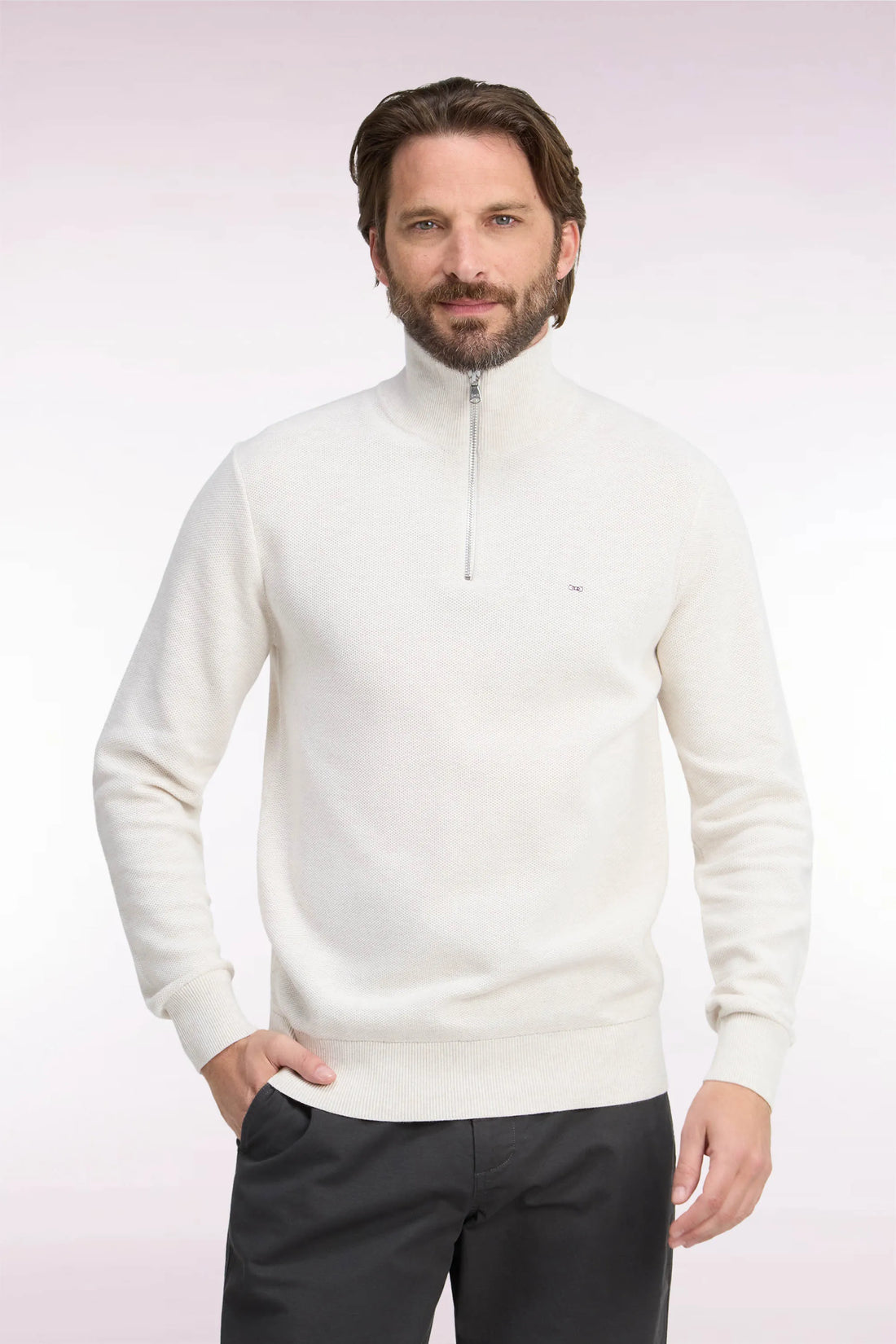 Eden Park 0 Men Straight-Cut Ecru Cotton Trucker Collar Sweater SKU: H26MAIPU0006_BEC15 Image 01