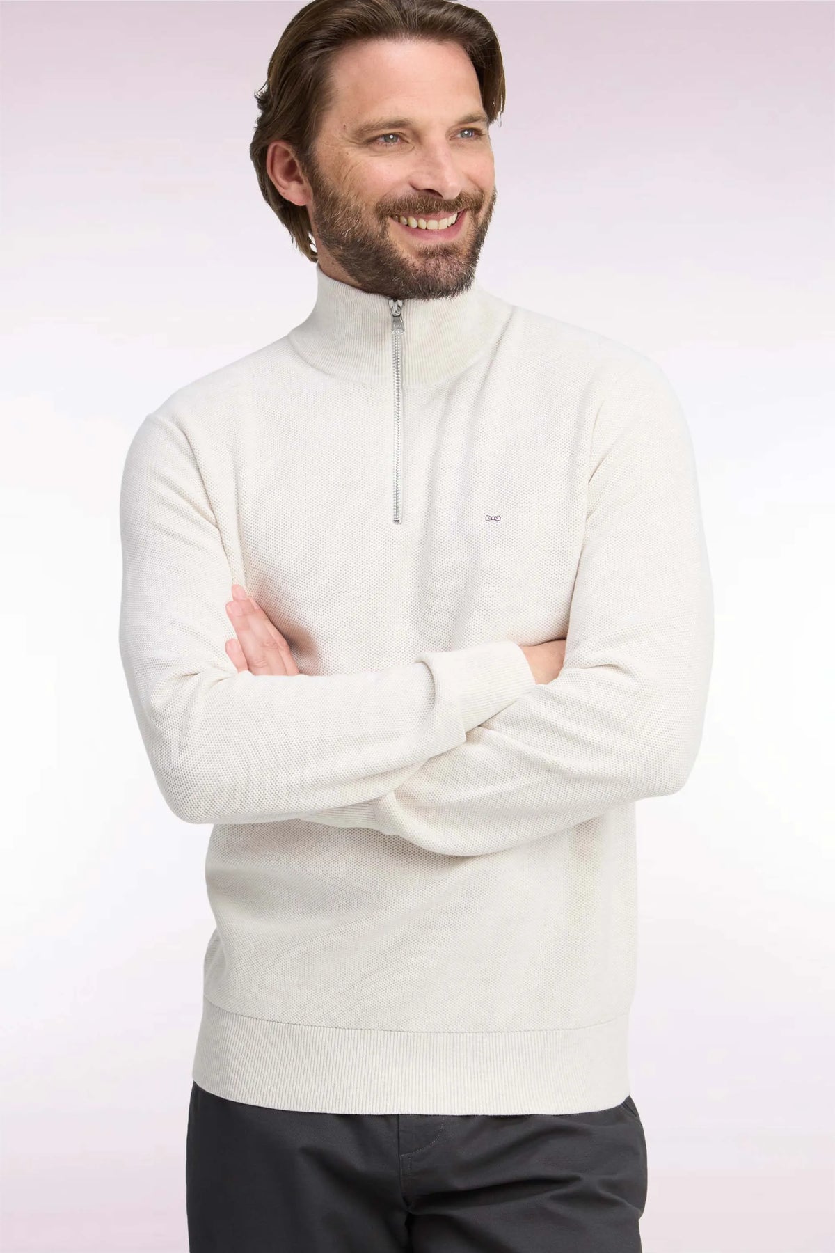 Eden Park 0 Men Straight-Cut Ecru Cotton Trucker Collar Sweater SKU: H26MAIPU0006_BEC15 Image 03