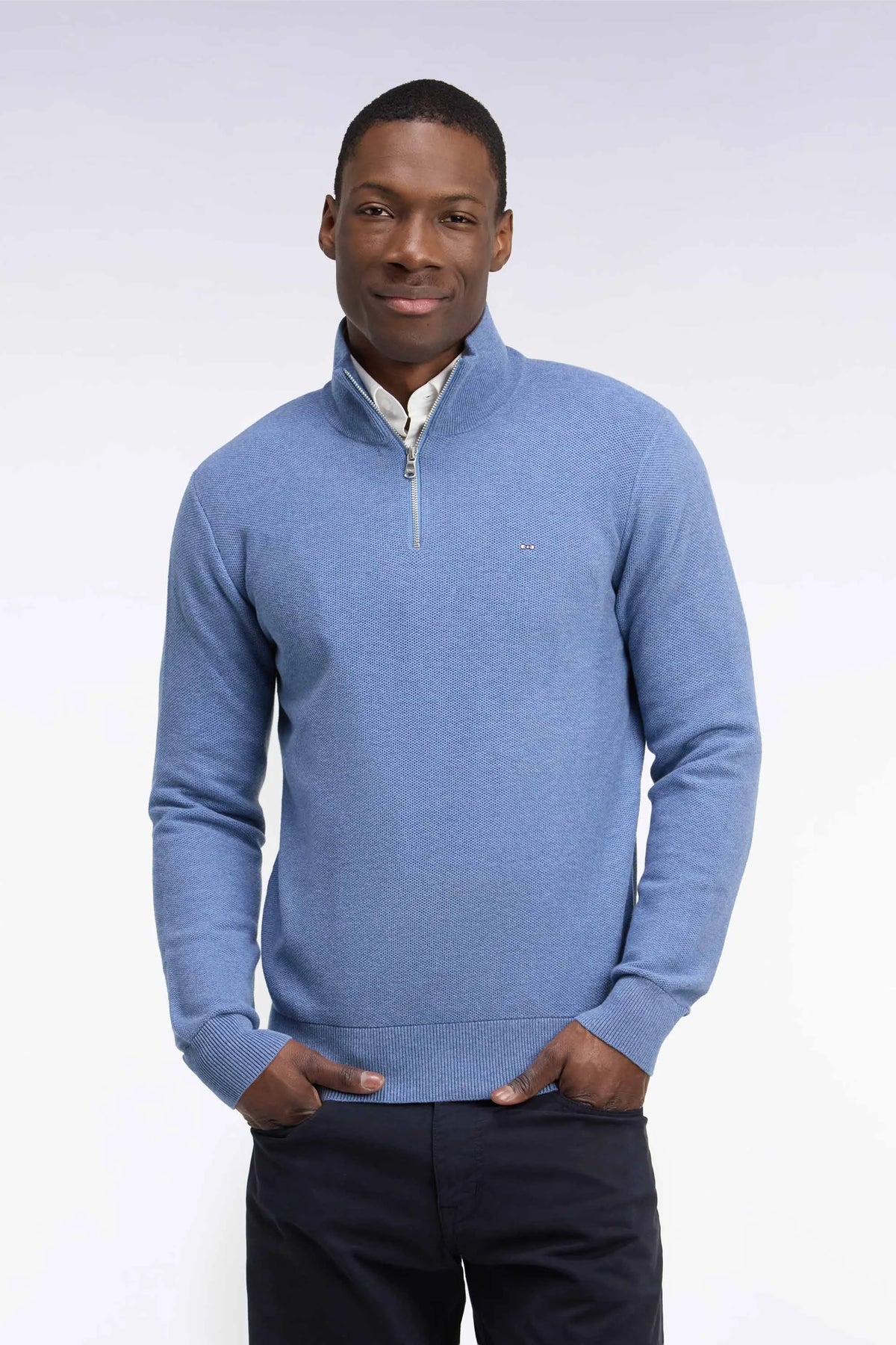 Eden Park 0 Men Straight-Cut Blue Cotton Trucker Collar Sweater SKU: H26MAIPU0006_BLC8 Image 01