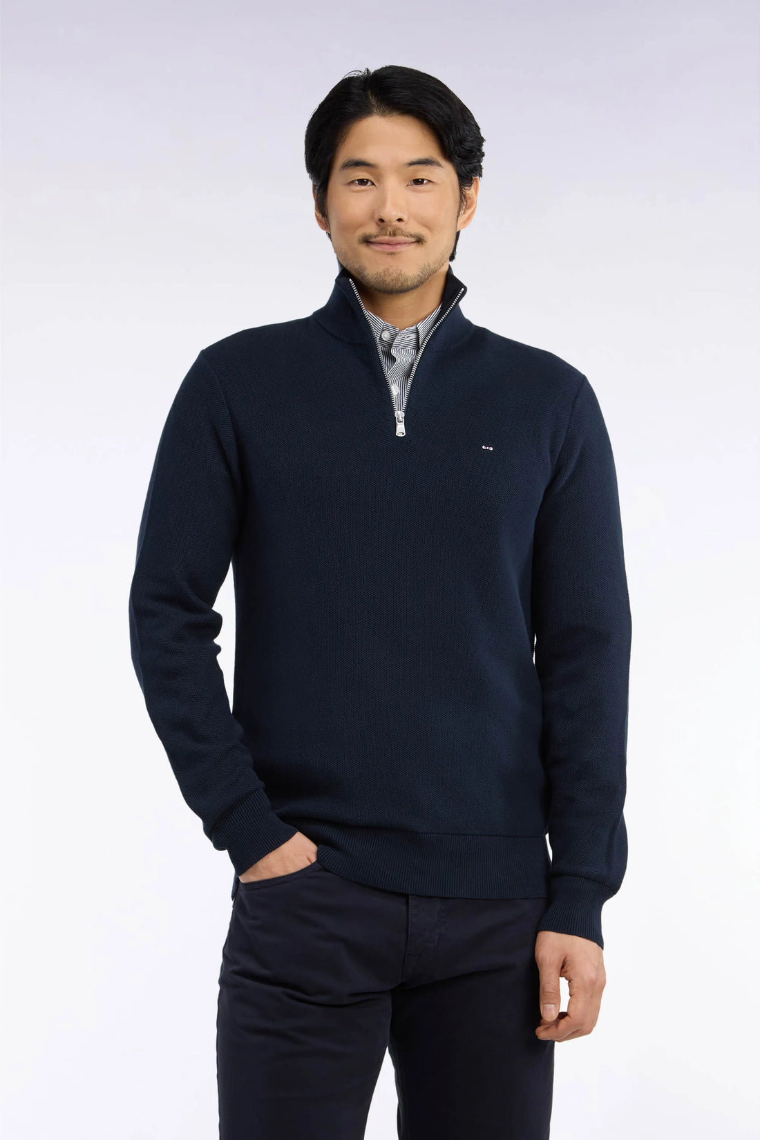 Eden Park 0 Men Straight-Cut Navy Cotton Trucker Collar Sweater SKU: H26MAIPU0006_BLF Image 01