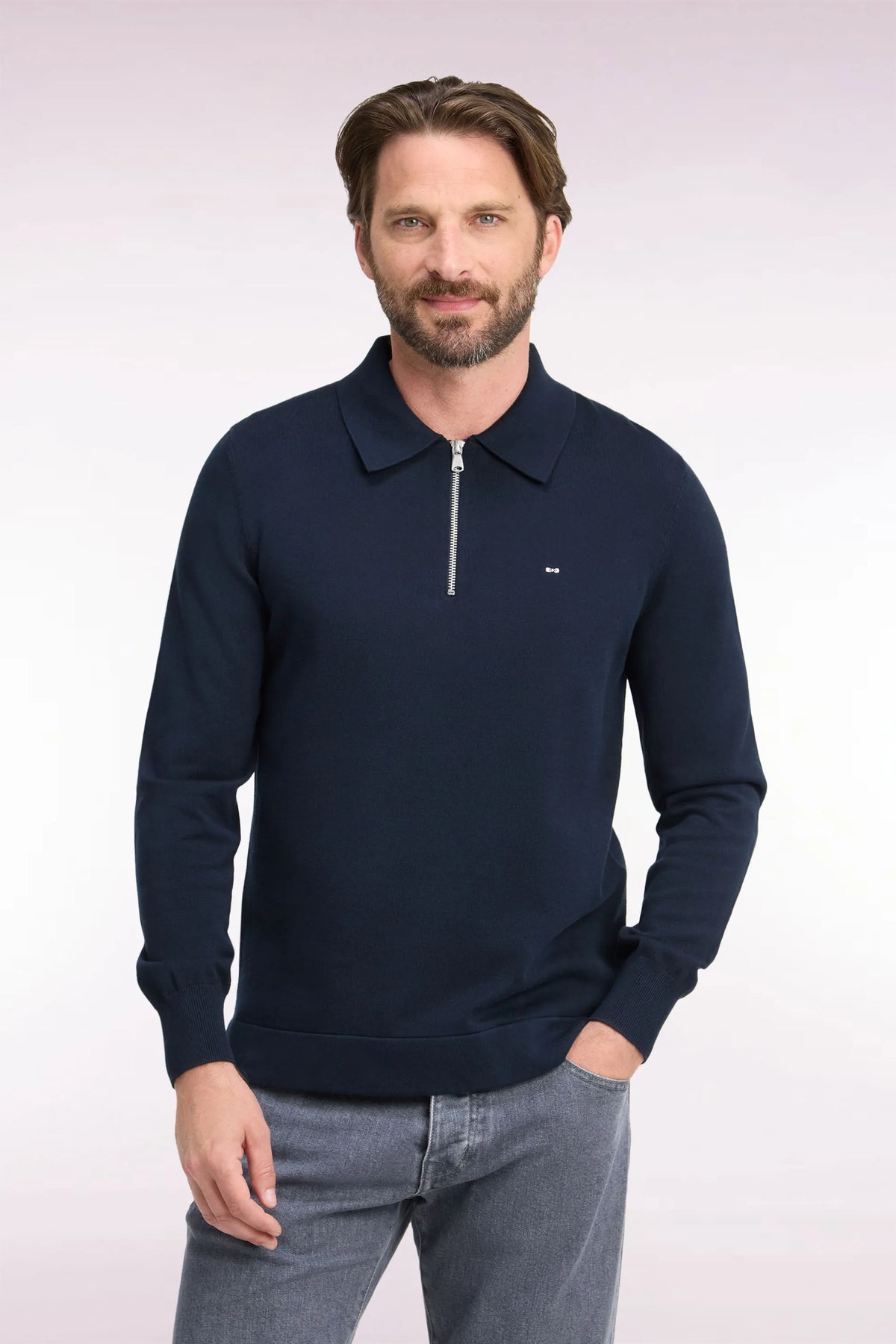 Eden Park 0 Men Straight-Cut Navy Navy Cotton and Viscose Zip-Up Polo Collar Sweater SKU: H26MAIPU0040_BLF Image 01