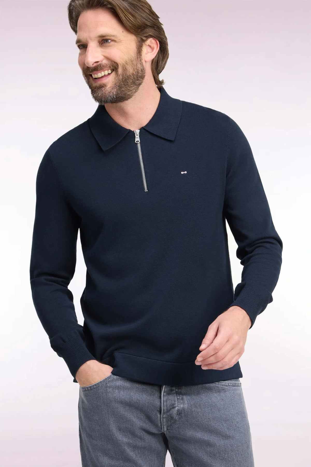 Eden Park 0 Men Straight-Cut Navy Navy Cotton and Viscose Zip-Up Polo Collar Sweater SKU: H26MAIPU0040_BLF Image 03