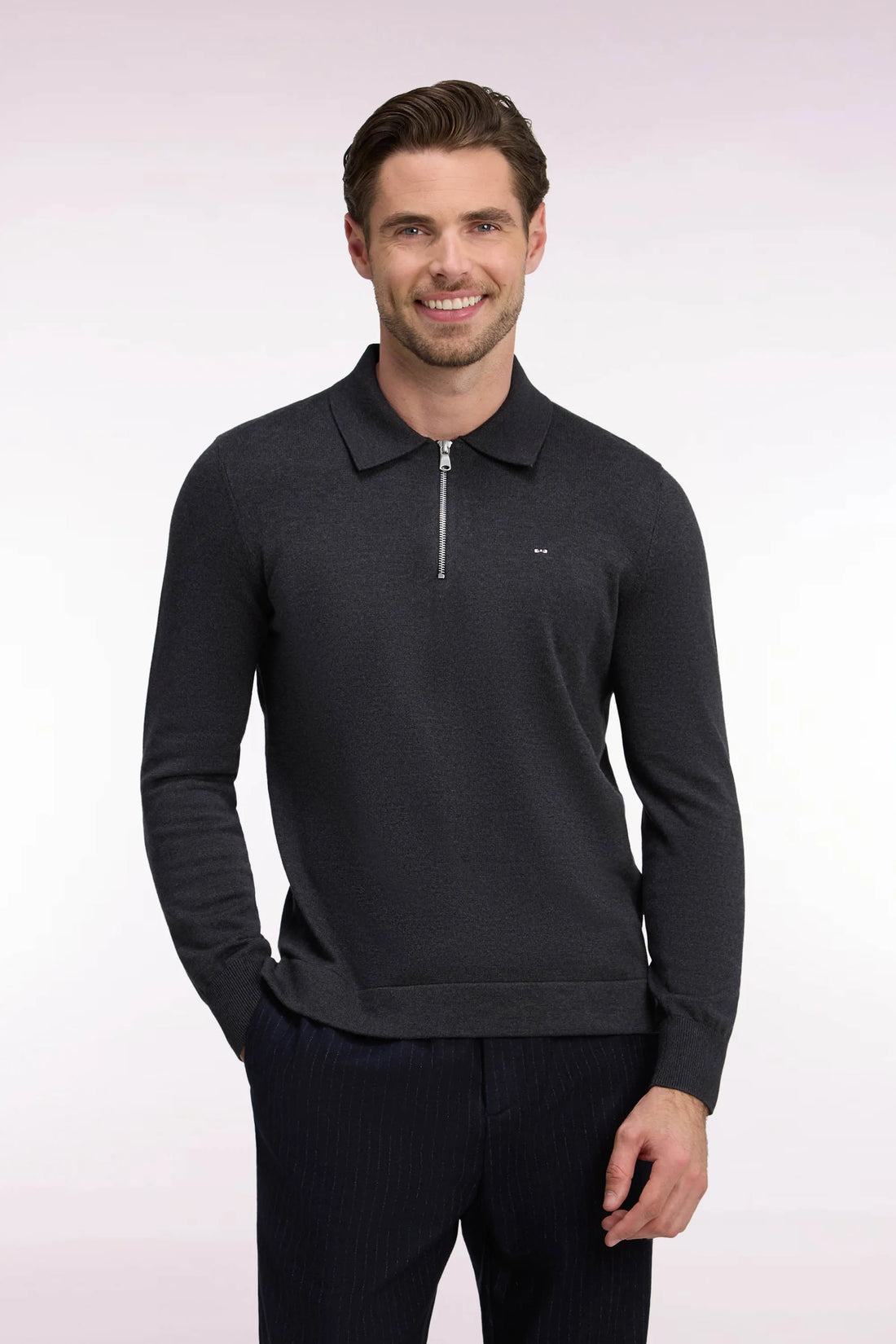 Eden Park 0 Men Straight-Cut Dark Grey Cotton and Viscose Zip-Up Polo Collar Sweater SKU: H26MAIPU0040_GRF11 Image 01
