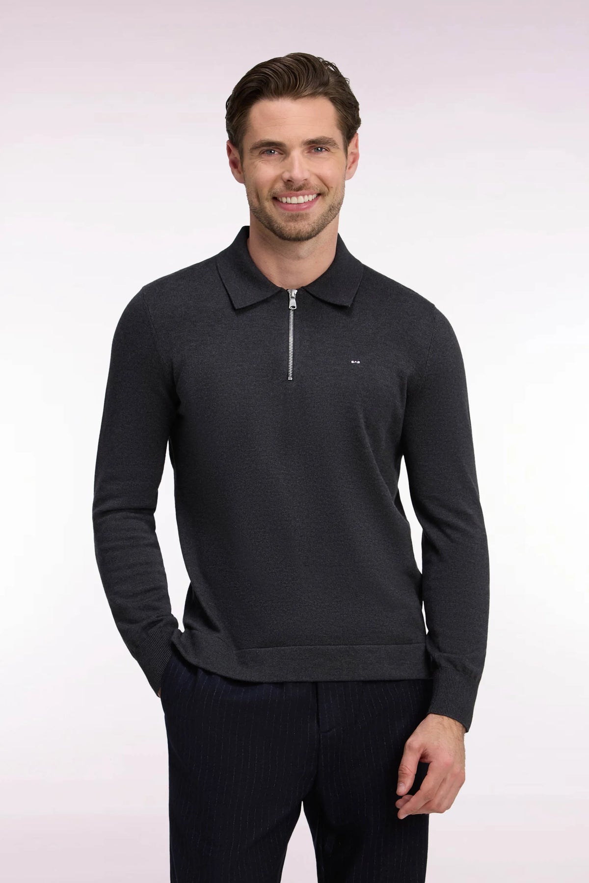Eden Park 0 Men Straight-Cut Dark Grey Cotton and Viscose Zip-Up Polo Collar Sweater SKU: H26MAIPU0040_GRF11 Image 01