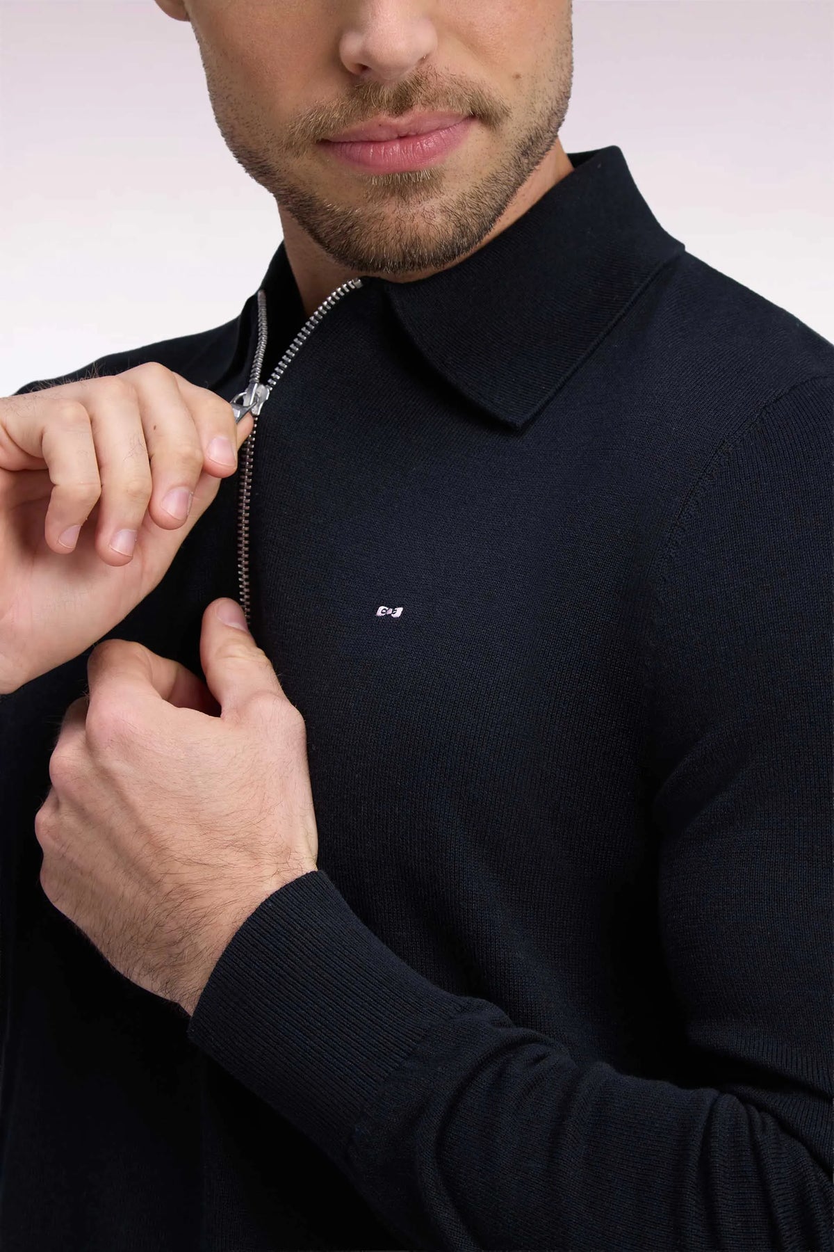 Eden Park 0 Men Straight-Cut Black Cotton and Viscose Zip-Up Polo Collar Sweater SKU: H26MAIPU0040_NO Image 06