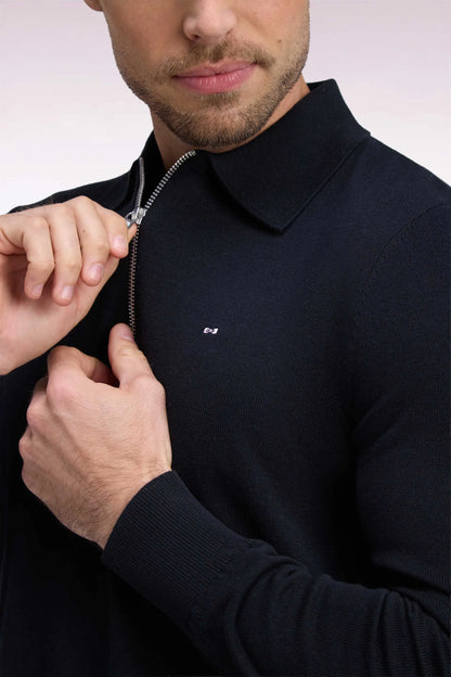 Eden Park 0 Men Straight-Cut Black Cotton and Viscose Zip-Up Polo Collar Sweater SKU: H26MAIPU0040_NO Image 06