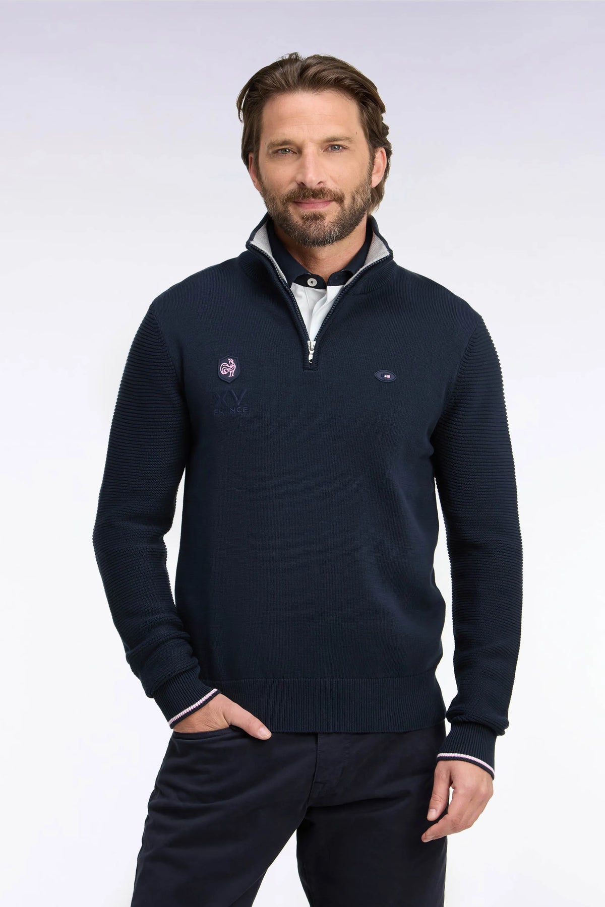Eden Park 0 Men Sweater with Zipped High Neck in Navy Cotton Embroidery Xv De France Regular Fit SKU: H26MAIPU0083_BLF Image 01