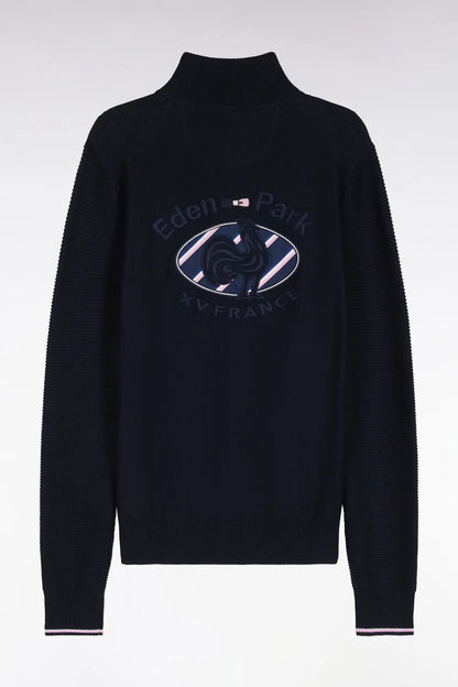 Eden Park 0 Men Sweater with Zipped High Neck in Navy Cotton Embroidery Xv De France Regular Fit SKU: H26MAIPU0083_BLF Image 02