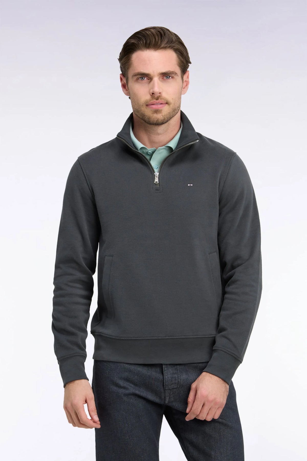 Eden Park 0 Men Straight-Cut Khaki Cotton Fleece Trucker Collar Sweatshirt SKU: H26MAISW0002_KAF1 Image 01