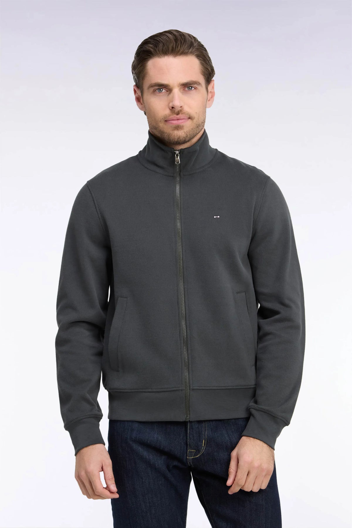 Eden Park 0 Men Zipped Sweatshirt in Khaki Cotton Fleece with a Straight Cut SKU: H26MAISW0003_KAF1 Image 01