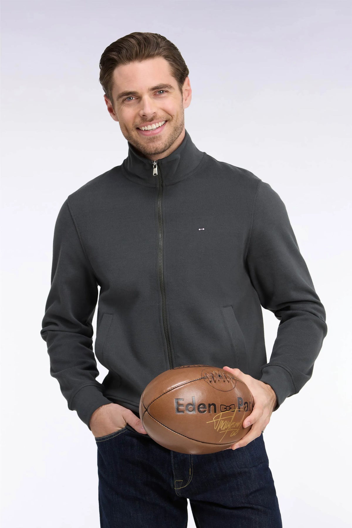 Eden Park 0 Men Zipped Sweatshirt in Khaki Cotton Fleece with a Straight Cut SKU: H26MAISW0003_KAF1 Image 03