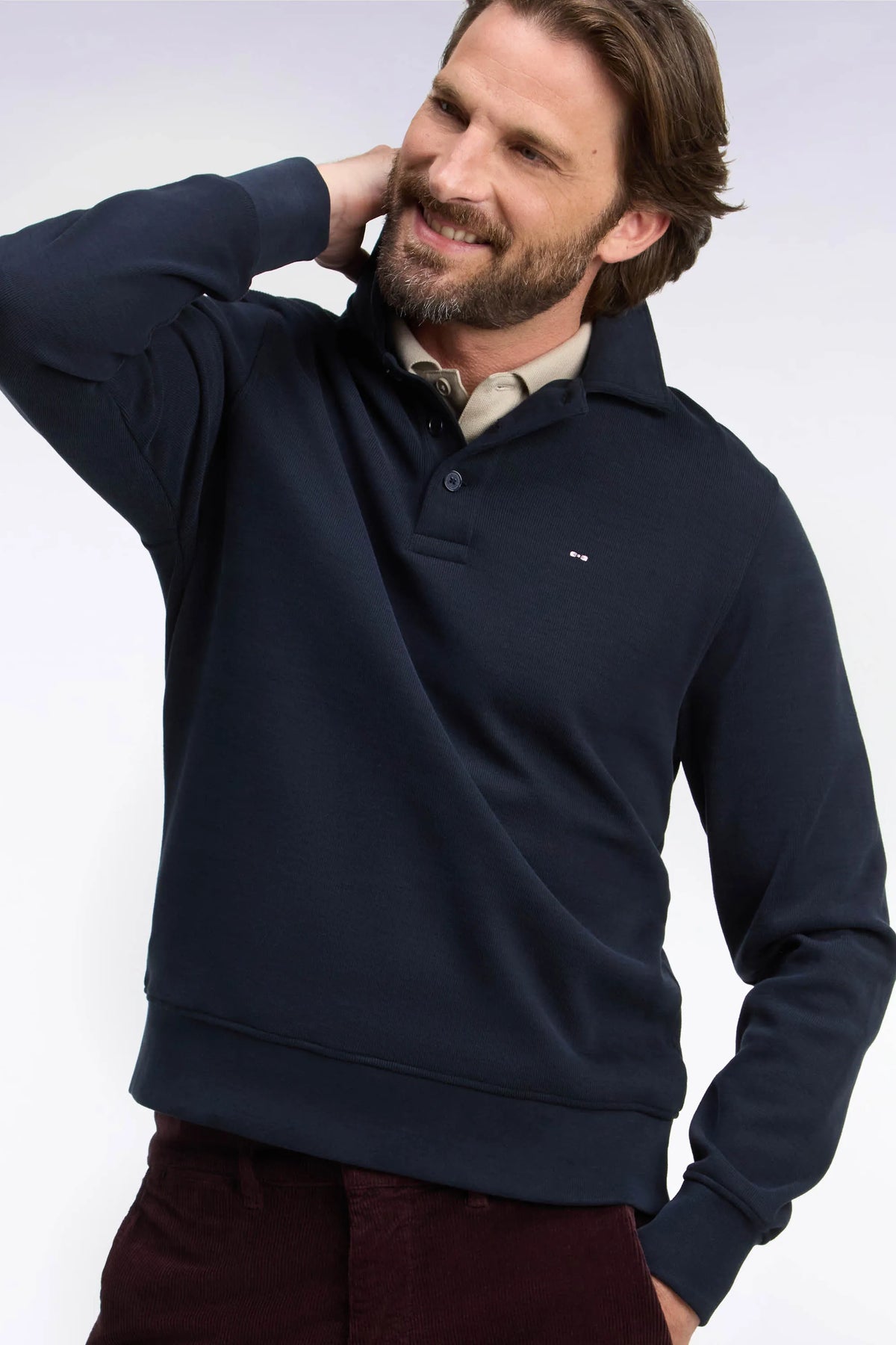 Eden Park 0 Men Polo Collar Sweatshirt in Navy Cotton with a Straight Cut SKU: H26MAISW0004_BLF Image 03