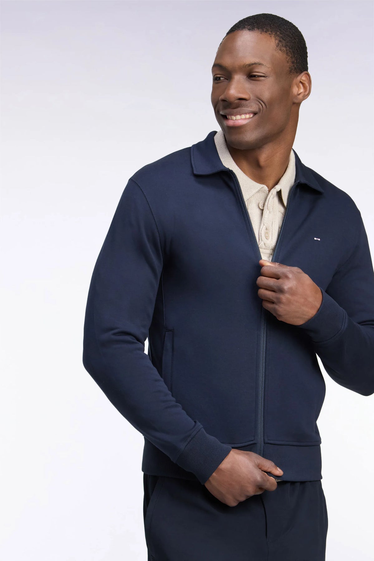 Eden Park  Men Zip-Up Sweatshirt with Polo Collar in Navy Cotton with a Straight Cut SKU: H26MAISW0020_BLF Image 03