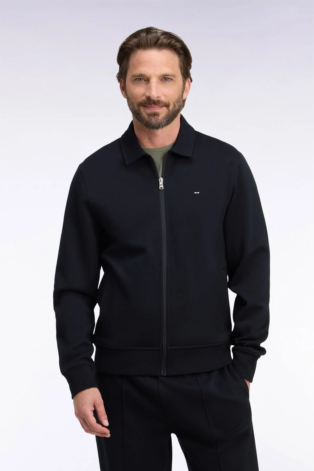 Eden Park  Men Straight-Cut Black Cotton Polo Collar Zip-Up Sweatshirt SKU: H26MAISW0020_NO Image 01