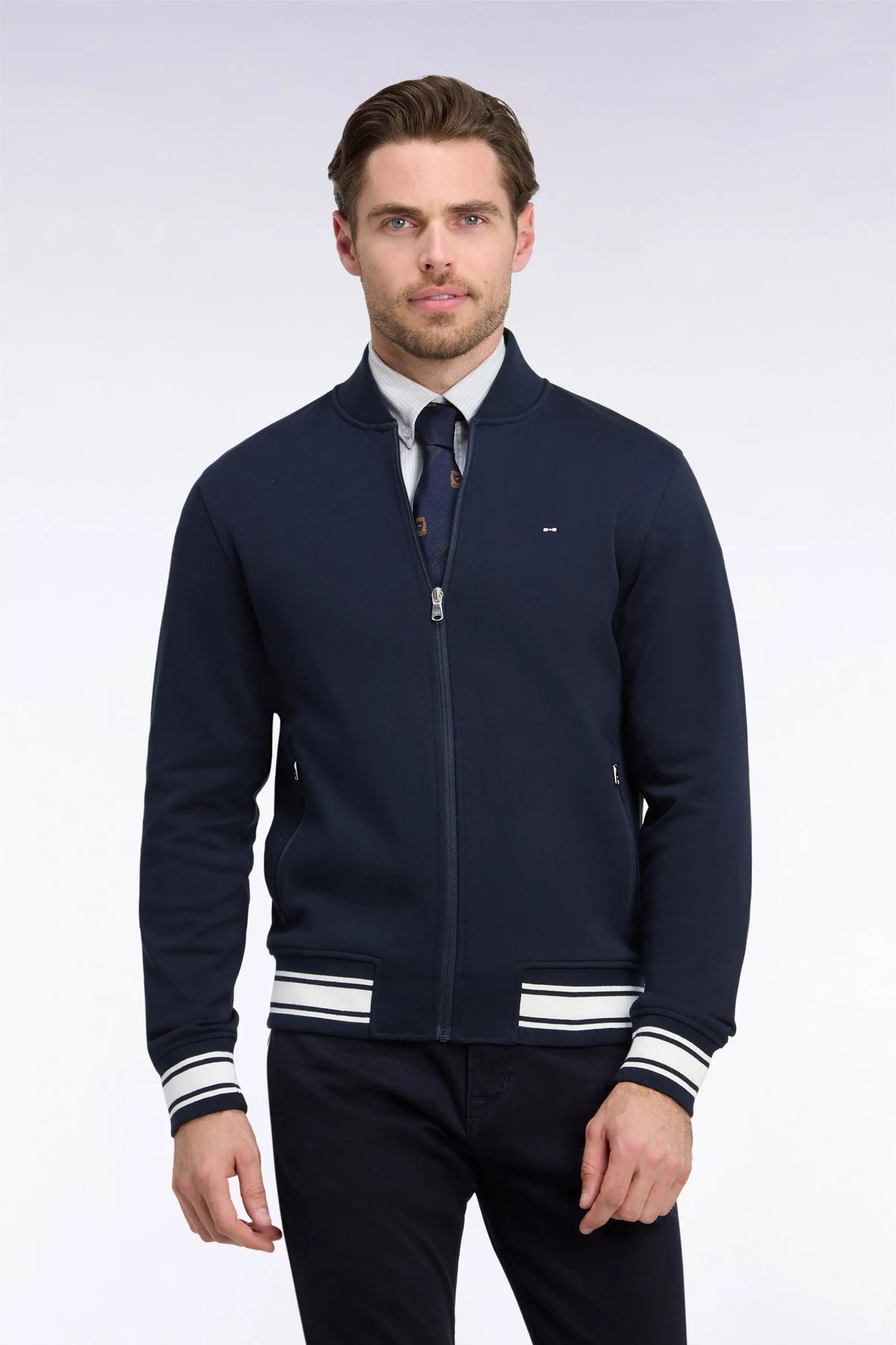 Eden Park  Men Zipped Navy Interlock Sweatshirt with Ribbed Straight Cut Teddy SKU: H26MAISW0036_BLF Image 01