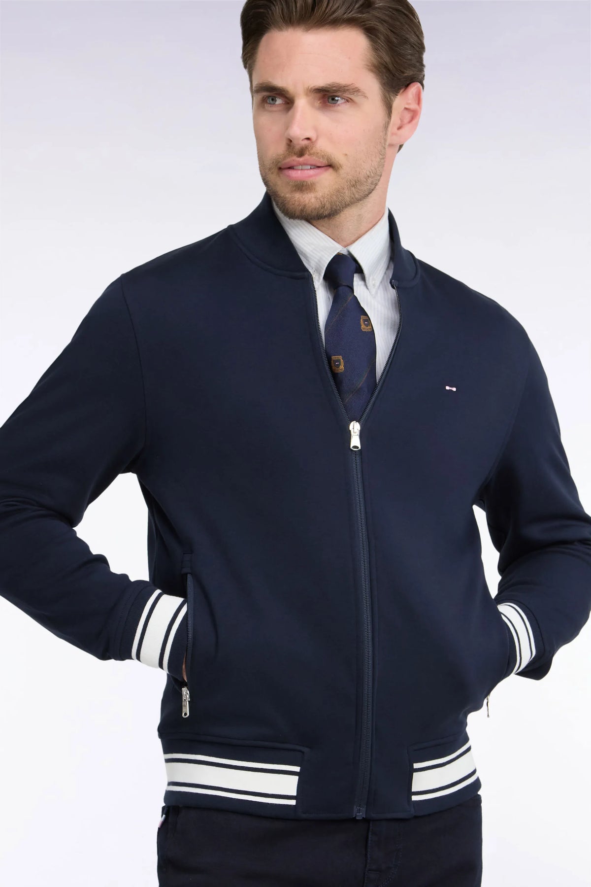 Eden Park  Men Zipped Navy Interlock Sweatshirt with Ribbed Straight Cut Teddy SKU: H26MAISW0036_BLF Image 03