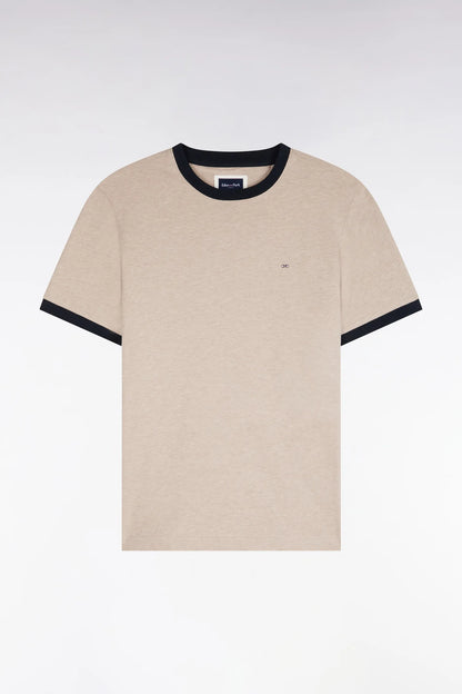 Eden Park  Men Short-Sleeved Short-Sleeved Cotton T-Shirt in Beige with Navy Ribbing with a Straight Cut SKU: H26MAITC0021_BEC13 Image 02