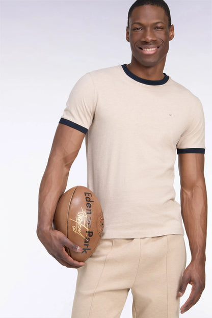 Eden Park  Men Short-Sleeved Short-Sleeved Cotton T-Shirt in Beige with Navy Ribbing with a Straight Cut SKU: H26MAITC0021_BEC13 Image 03