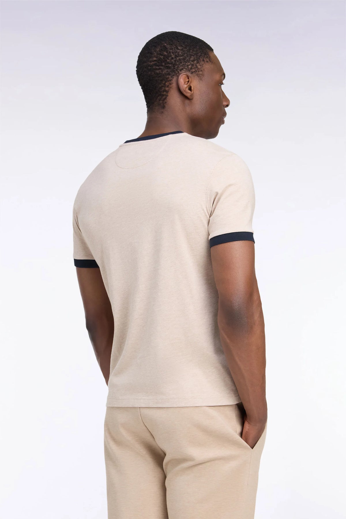 Eden Park  Men Short-Sleeved Short-Sleeved Cotton T-Shirt in Beige with Navy Ribbing with a Straight Cut SKU: H26MAITC0021_BEC13 Image 04