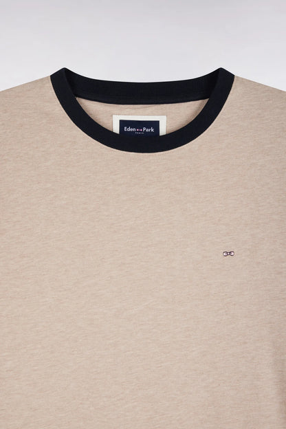 Eden Park  Men Short-Sleeved Short-Sleeved Cotton T-Shirt in Beige with Navy Ribbing with a Straight Cut SKU: H26MAITC0021_BEC13 Image 05