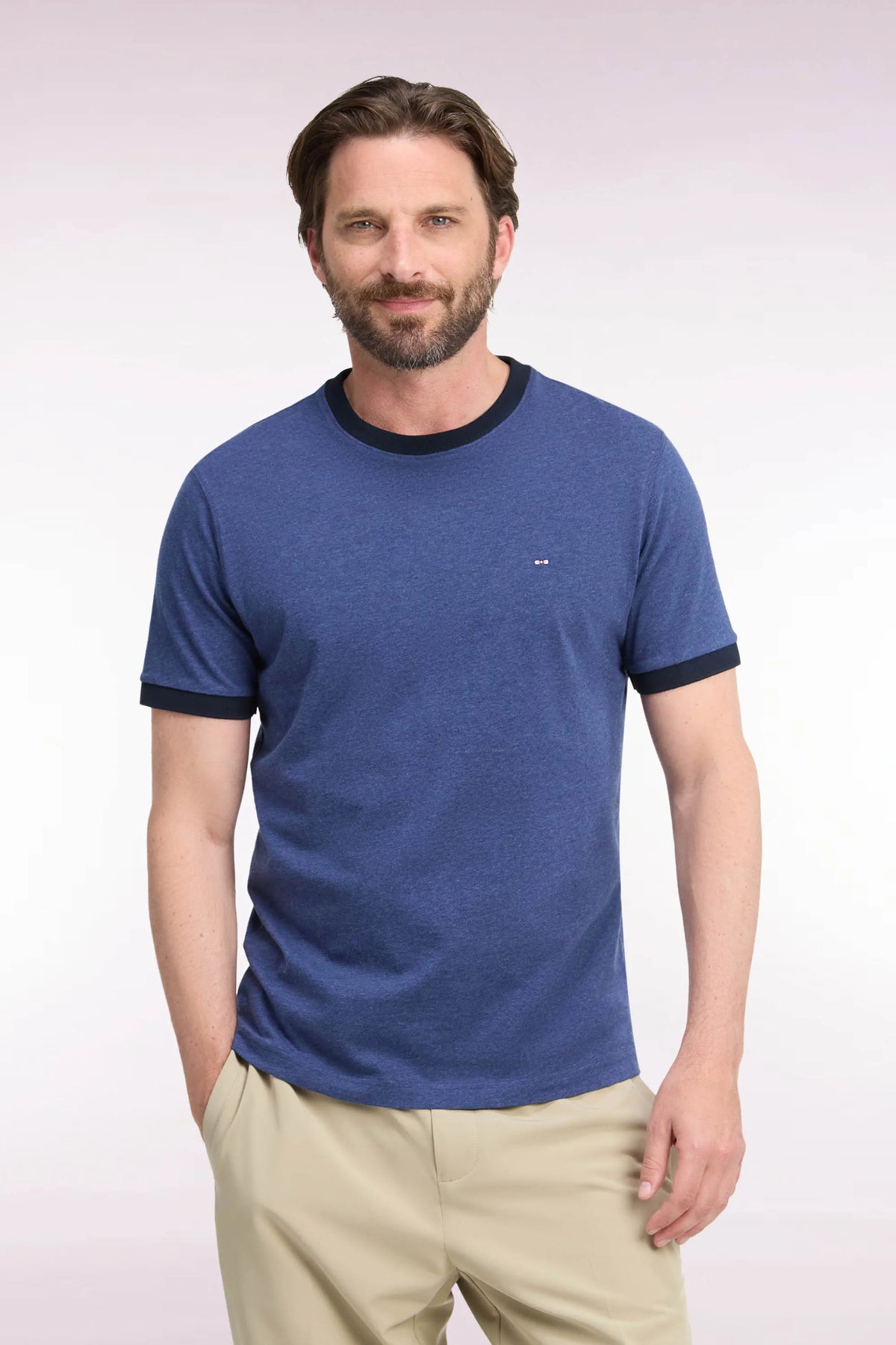 Eden Park  Men Short-Sleeved Short-Sleeved Cotton T-Shirt in Navy Navy Ribbing with Straight Cut SKU: H26MAITC0021_BLF21 Image 01