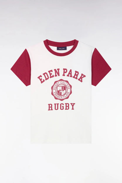 Eden Park  Boys Short-Sleeved T-Shirt in Ecru Cotton with Red Rugby Screen Print Straight Cut SKU: H26MAITC0024_RGF12 Image 01