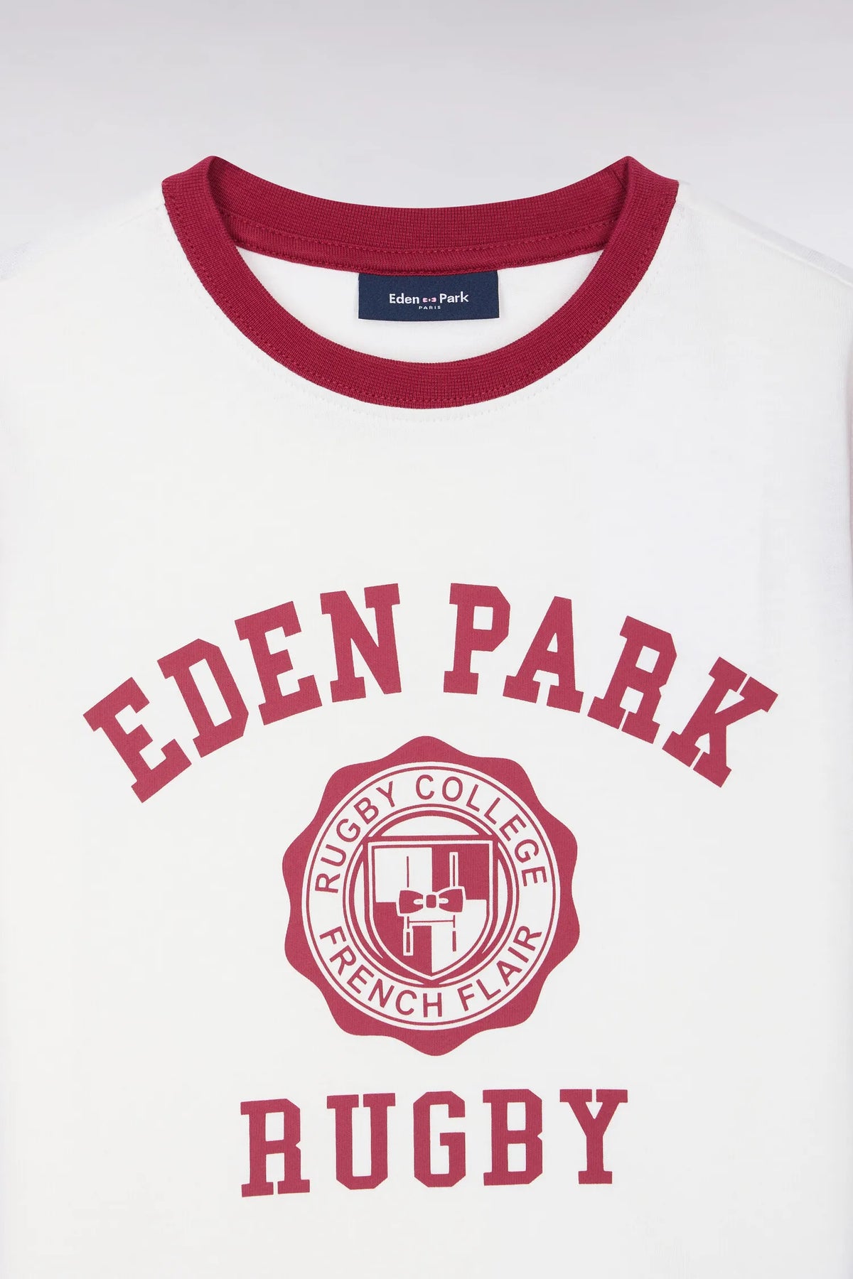 Eden Park  Boys Short-Sleeved T-Shirt in Ecru Cotton with Red Rugby Screen Print Straight Cut SKU: H26MAITC0024_RGF12 Image 02