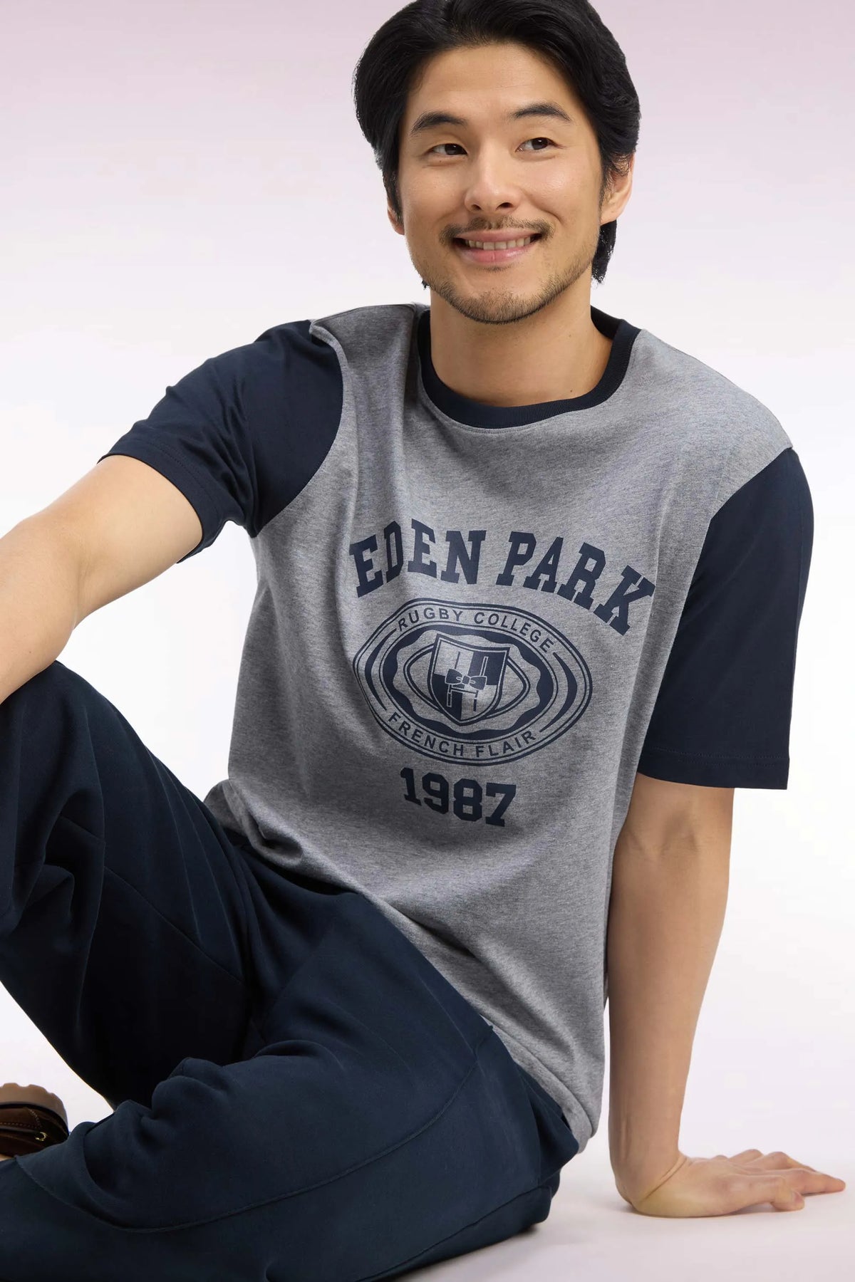 Eden Park  Men Short-Sleeved T-Shirt in Navy And Grey Cotton with Straight Cut SKU: H26MAITC0027_GRM19 Image 03